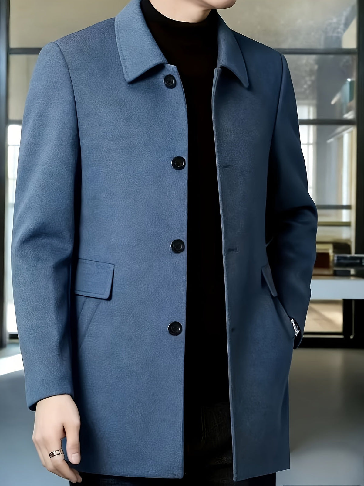 Men's Refined Single-Breasted Overcoat with Side Pockets