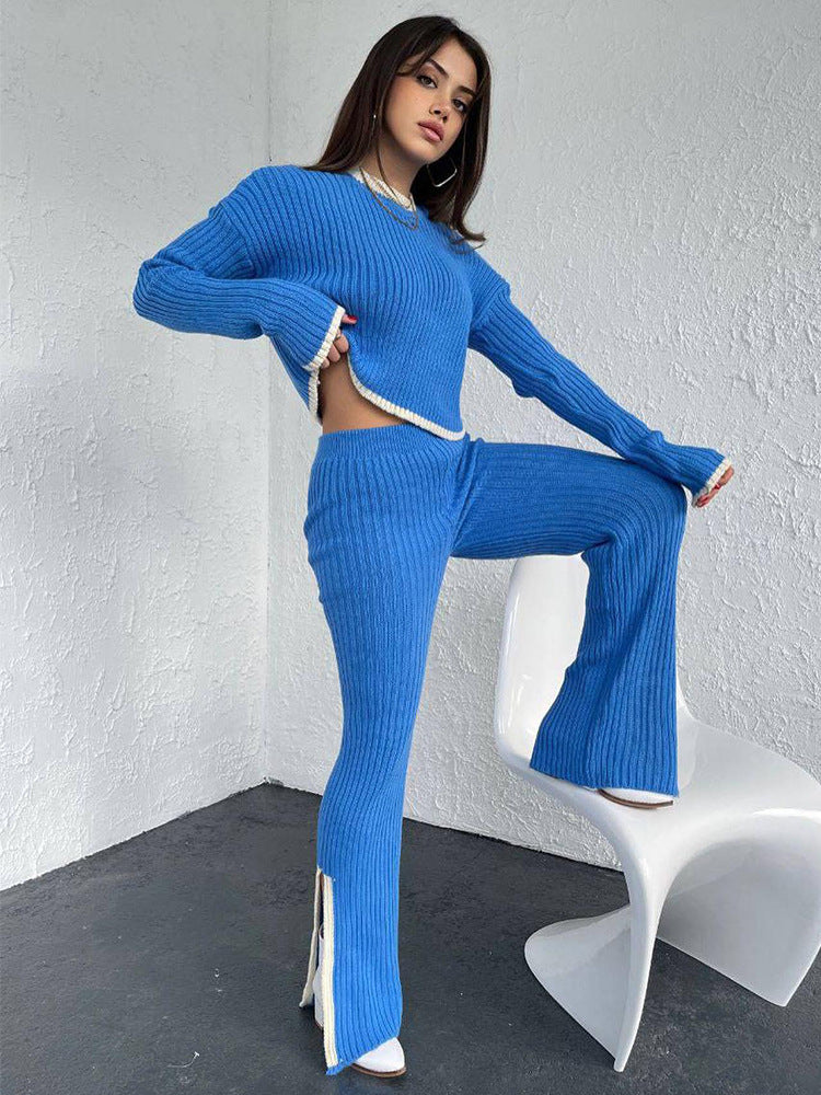 Women's Ribbed Cropped Knit Top and Straight-Leg Pants Set - Royal Blue