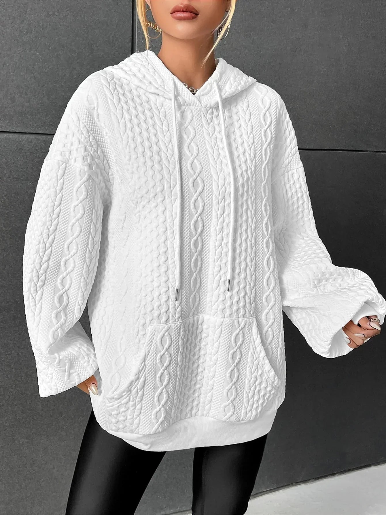 Women's Oversized Drawstring Hoodie with Front Pocket - White