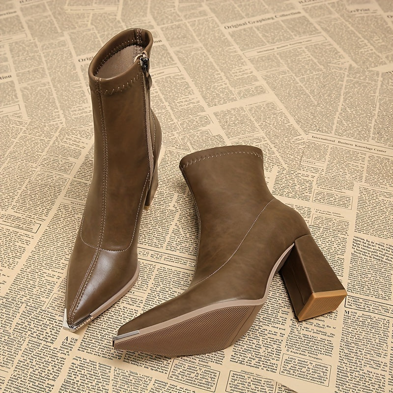 Women's Chunky Heel Side-Zip Ankle Boots - Rust
