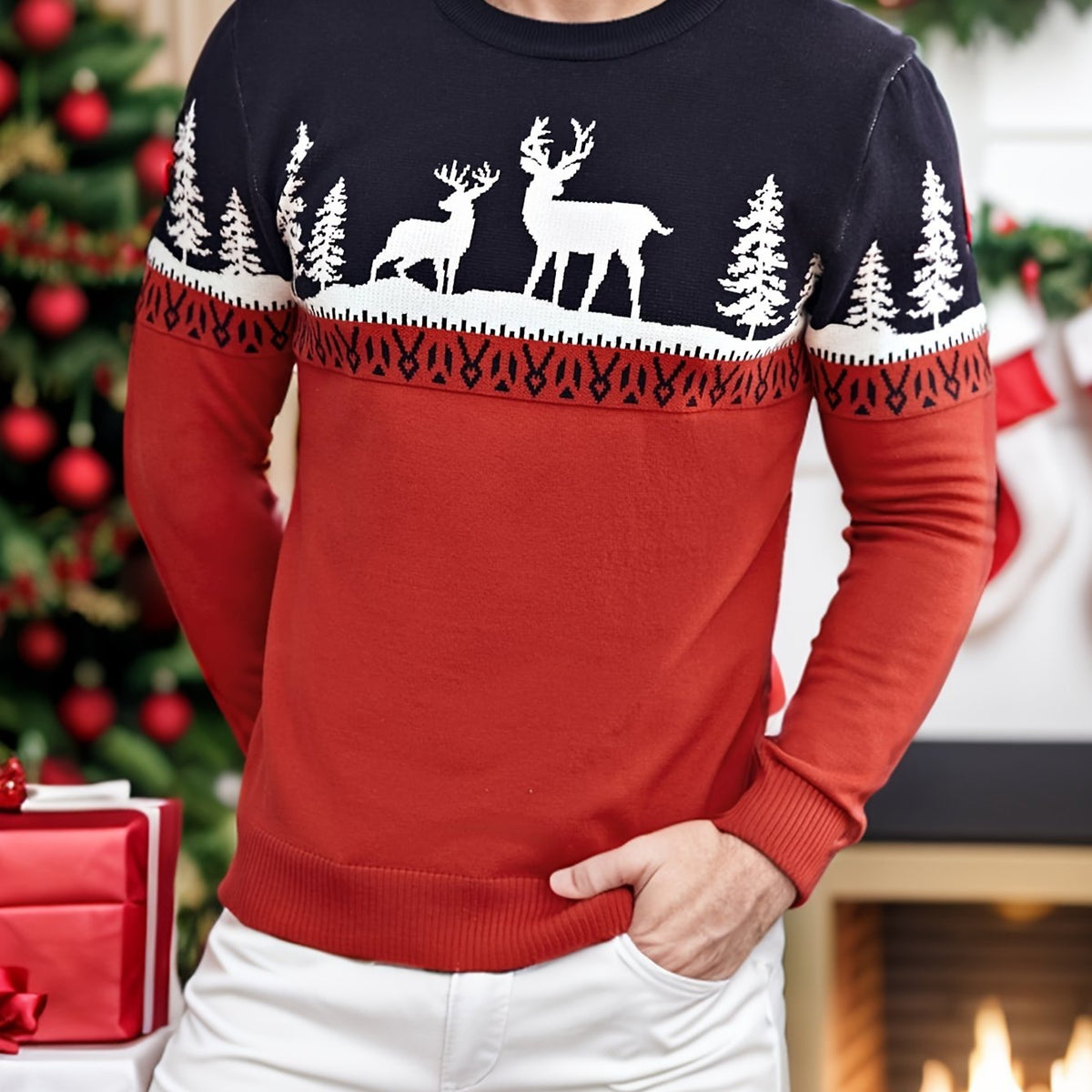 Women's Reindeer and Pine Tree Christmas Crew Neck Sweater - Red