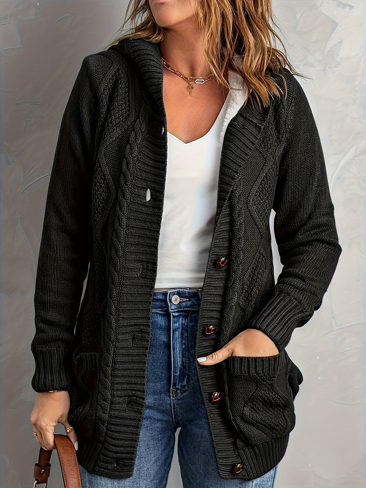 Women's Plush-Lined Hooded Button Cardigan