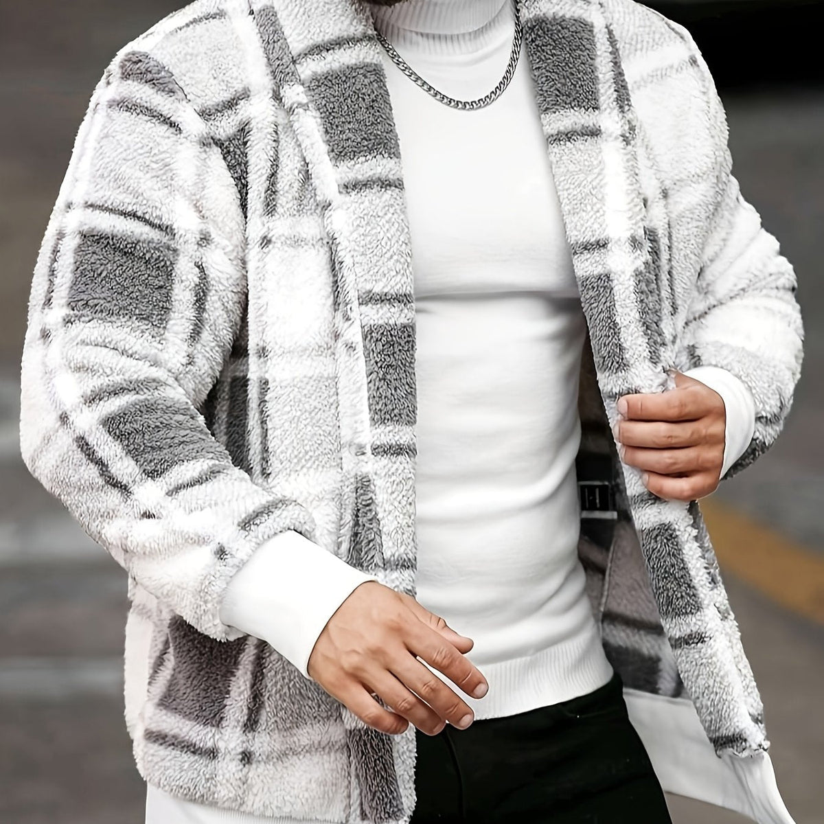 Men's Soft Brushed Check Relaxed-Fit Jacket - White & Gray