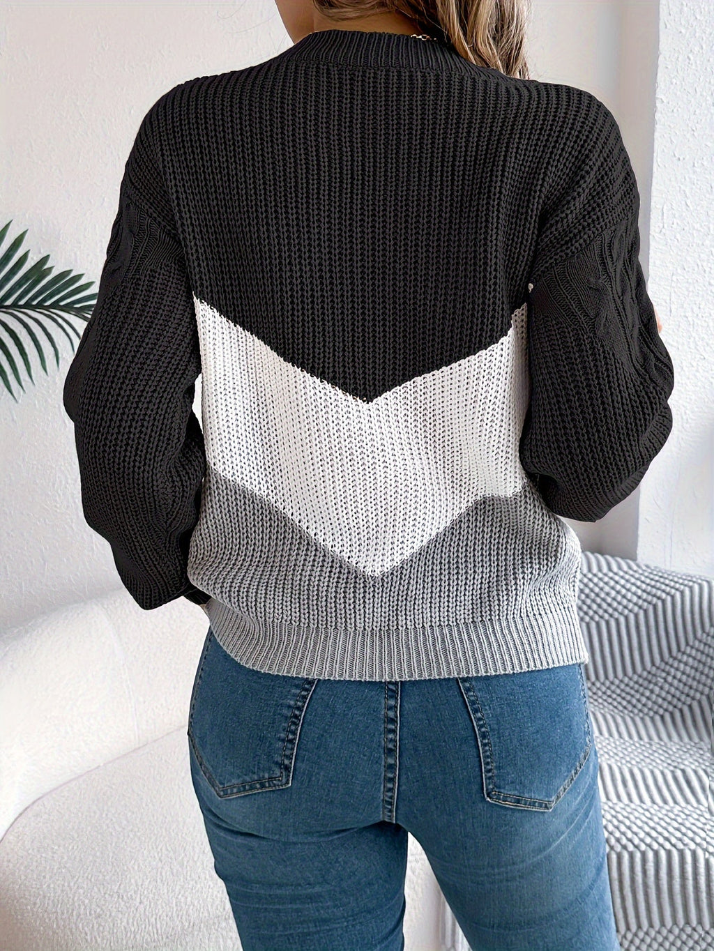 Women's Color-Block Round Neck Soft Knit Sweater