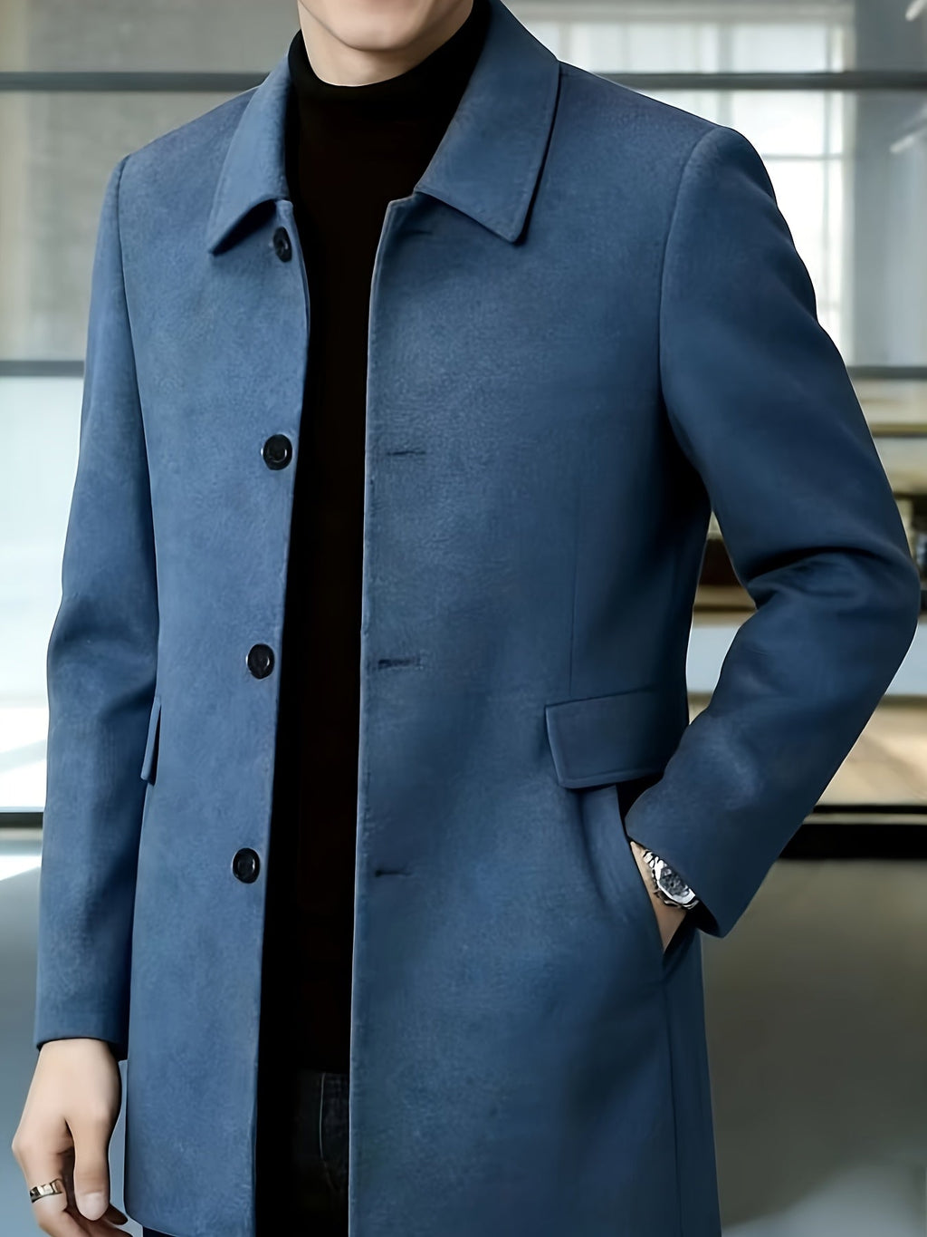Men's Refined Single-Breasted Overcoat with Side Pockets