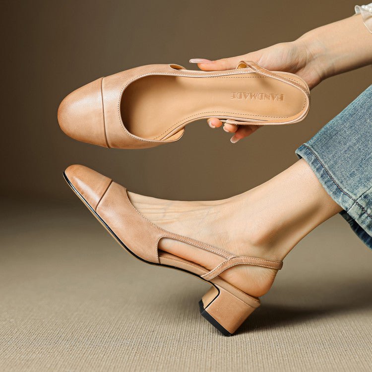Women's Leather Slingback Pumps with Cushioned Block Heel - Khaki