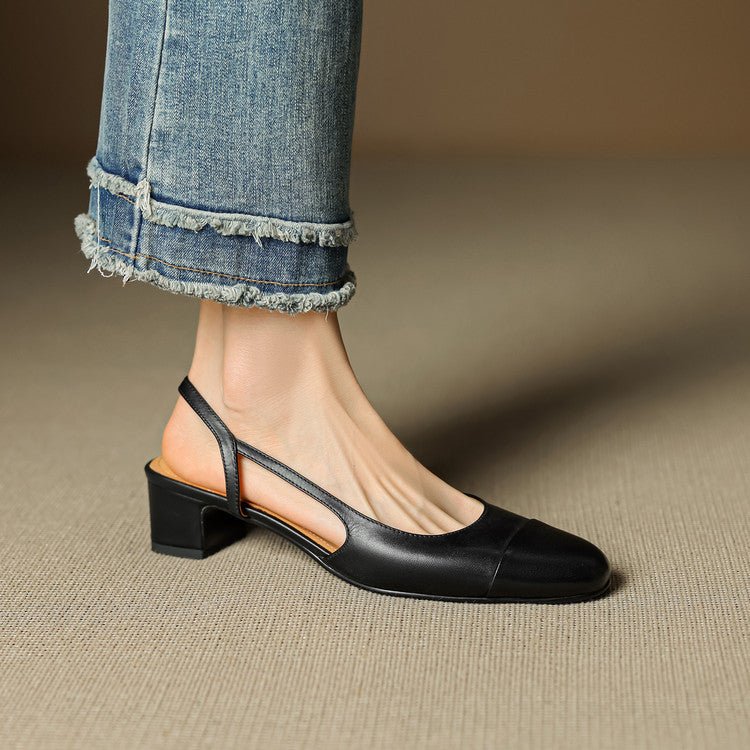 Women's Leather Slingback Pumps with Cushioned Block Heel - Black