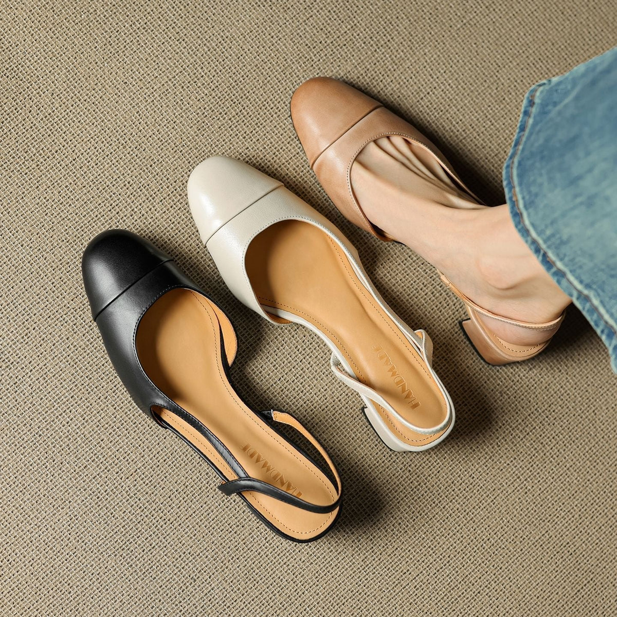 Women's Leather Slingback Pumps with Cushioned Block Heel