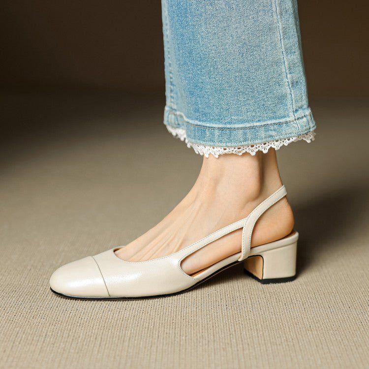 Women's Leather Slingback Pumps with Cushioned Block Heel - Cream