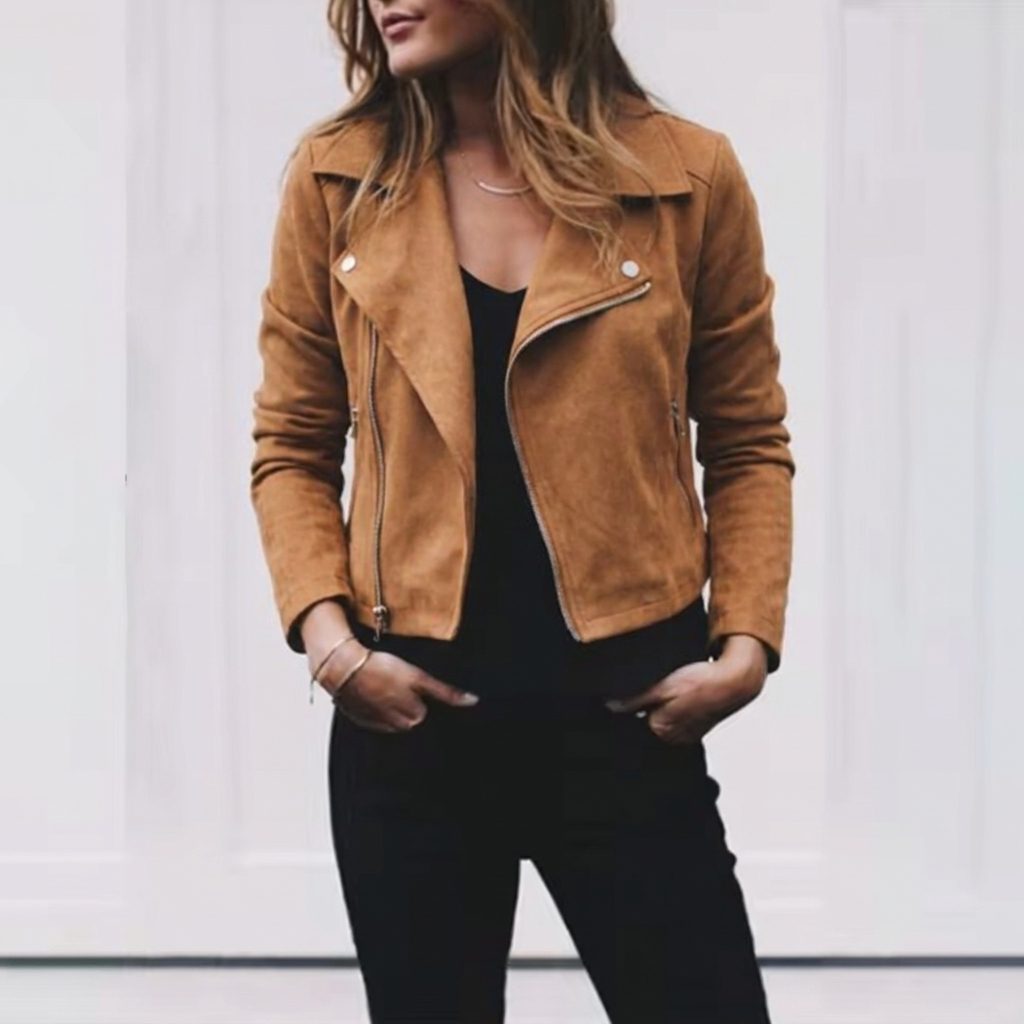 Women's Suede Cropped Jacket with Lapel Collar