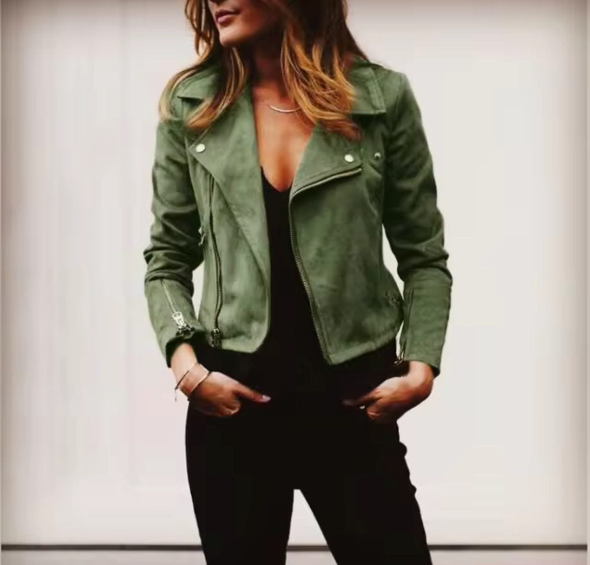 Women's Suede Cropped Jacket with Lapel Collar - Green