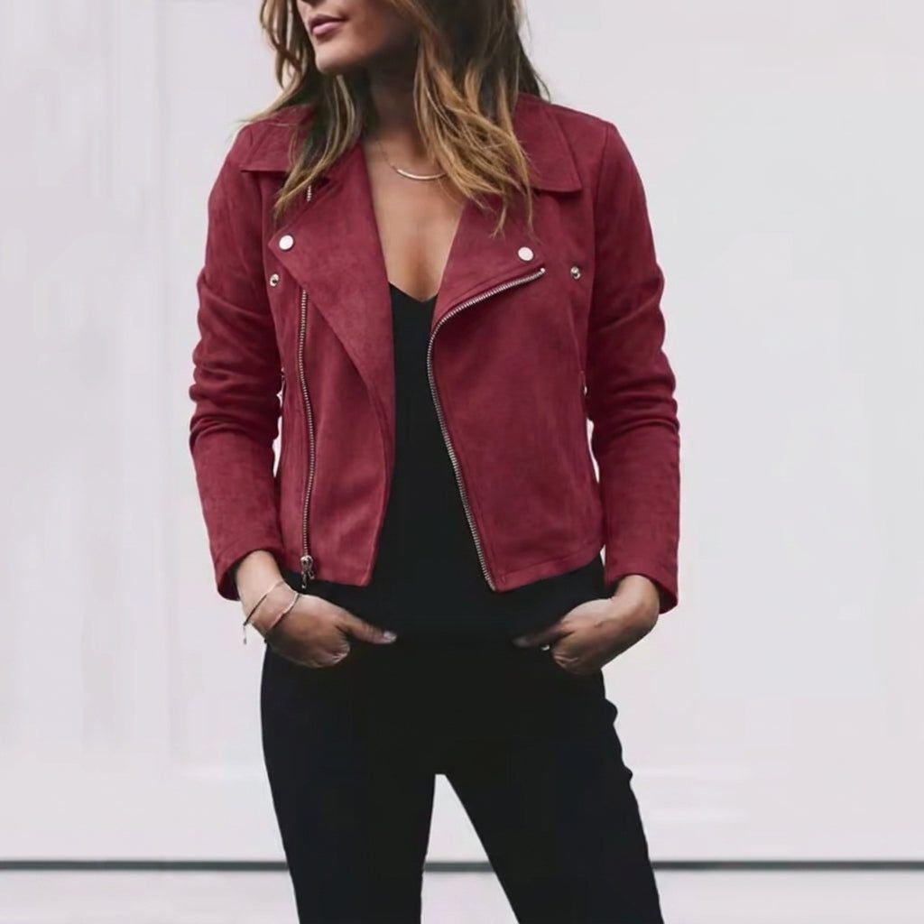Women's Suede Cropped Jacket with Lapel Collar - Burgundy
