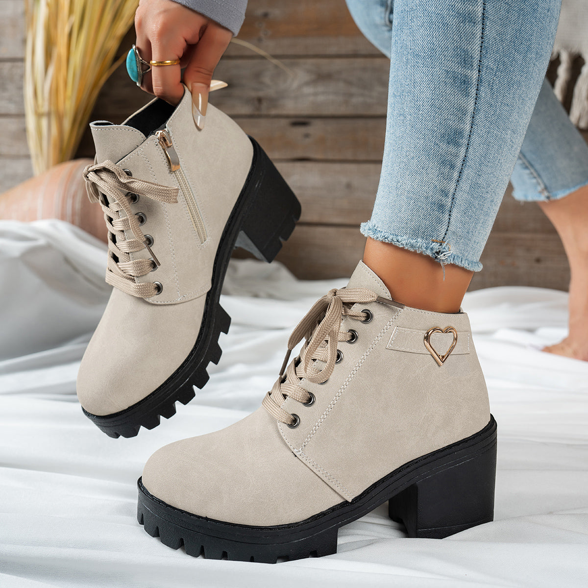 Women's Lace-Up Ankle Boots with Block Heel