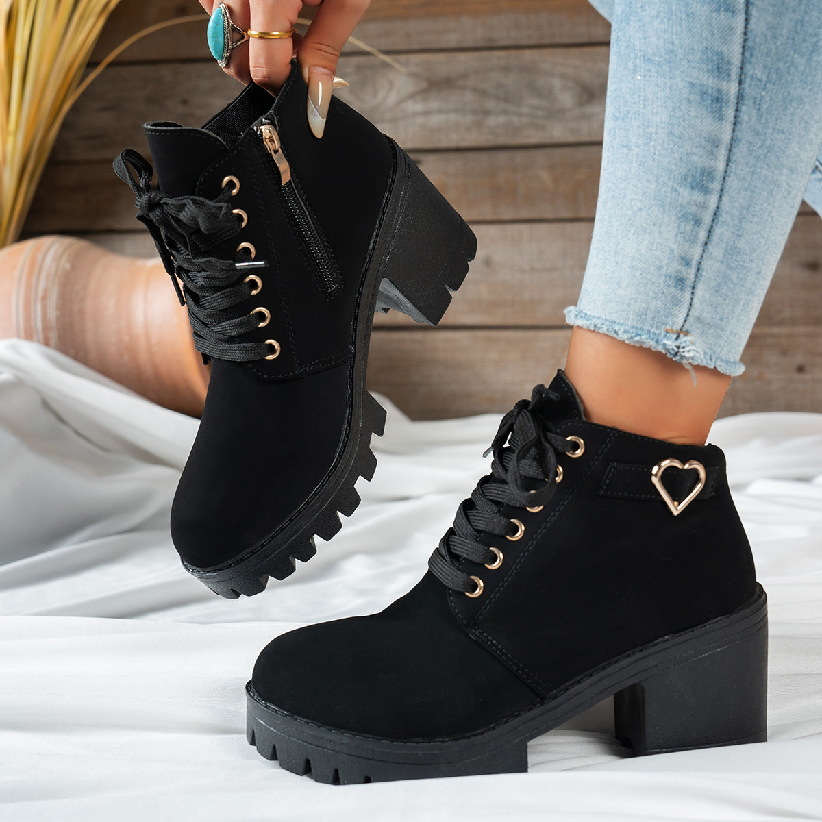 Women's Lace-Up Ankle Boots with Block Heel