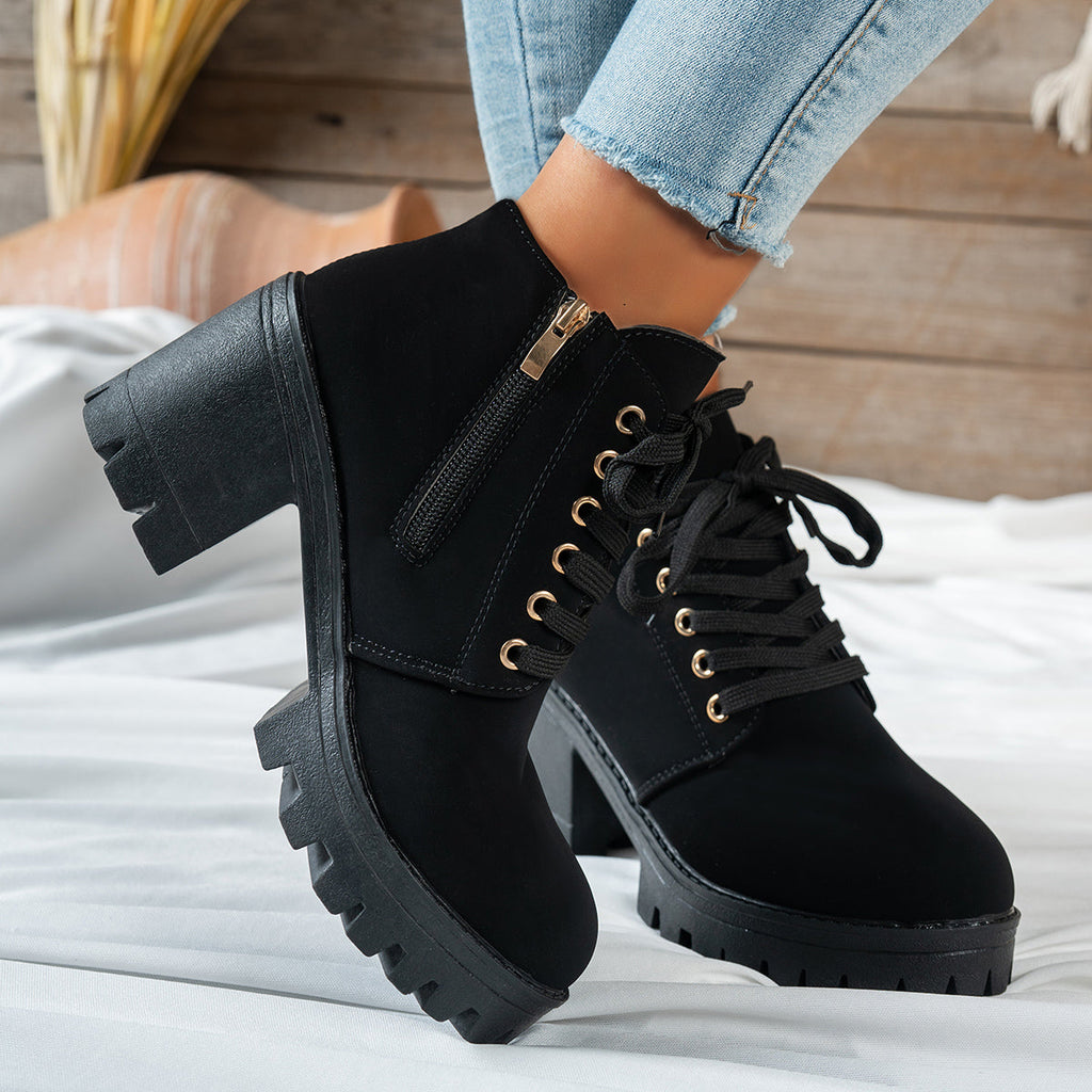 Women's Lace-Up Ankle Boots with Block Heel