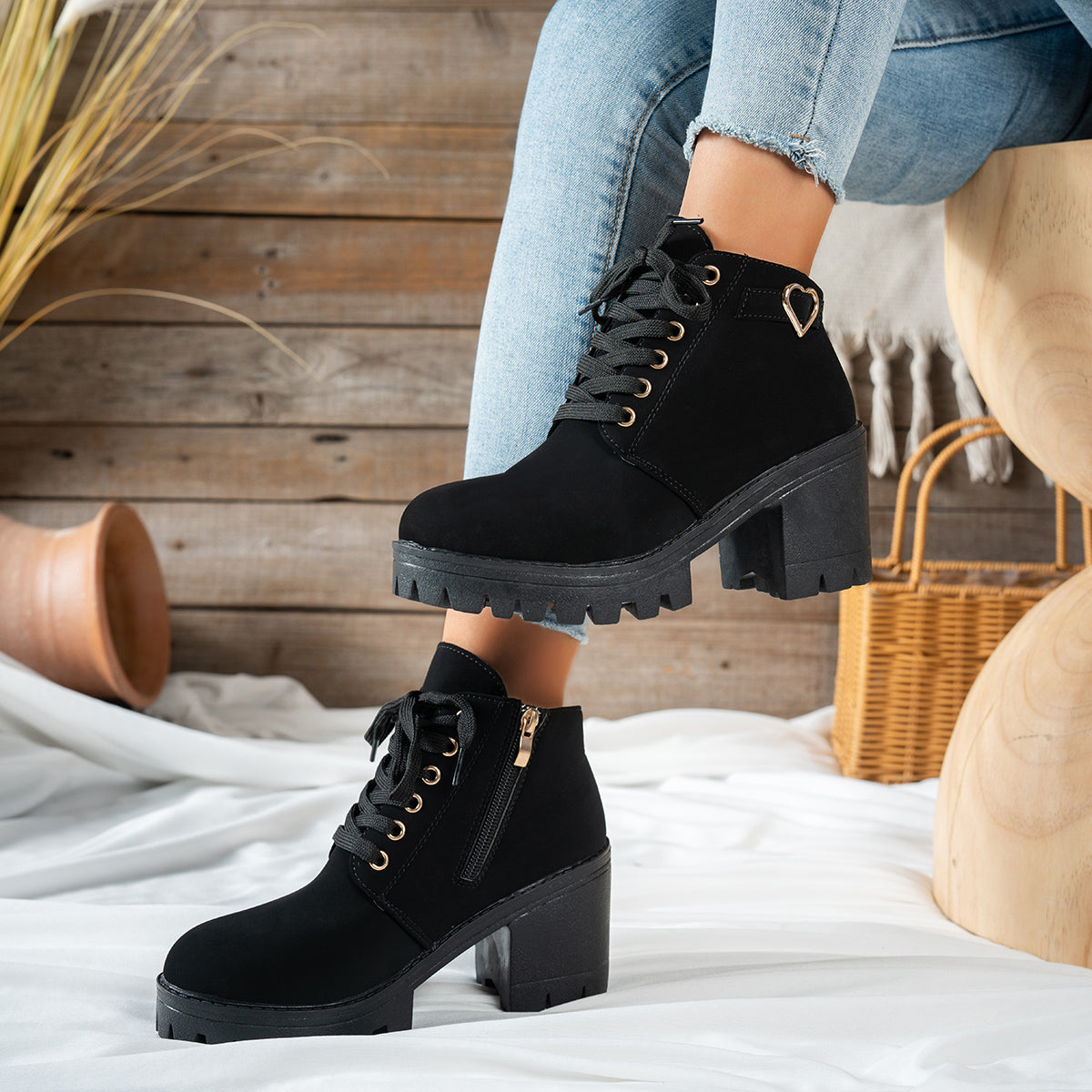 Women's Lace-Up Ankle Boots with Block Heel