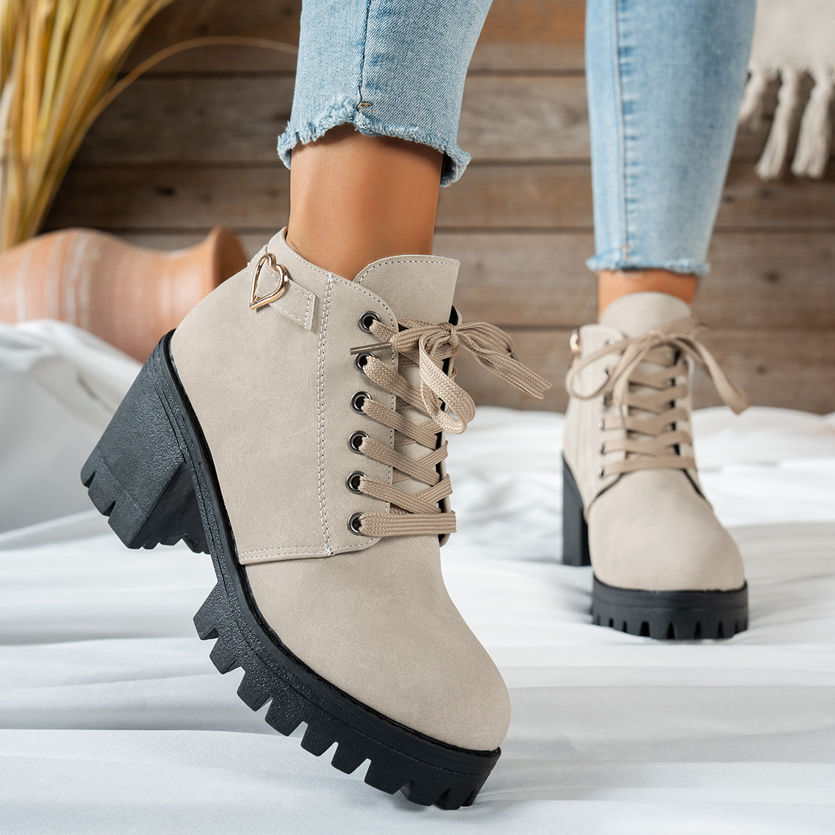 Women's Lace-Up Ankle Boots with Block Heel