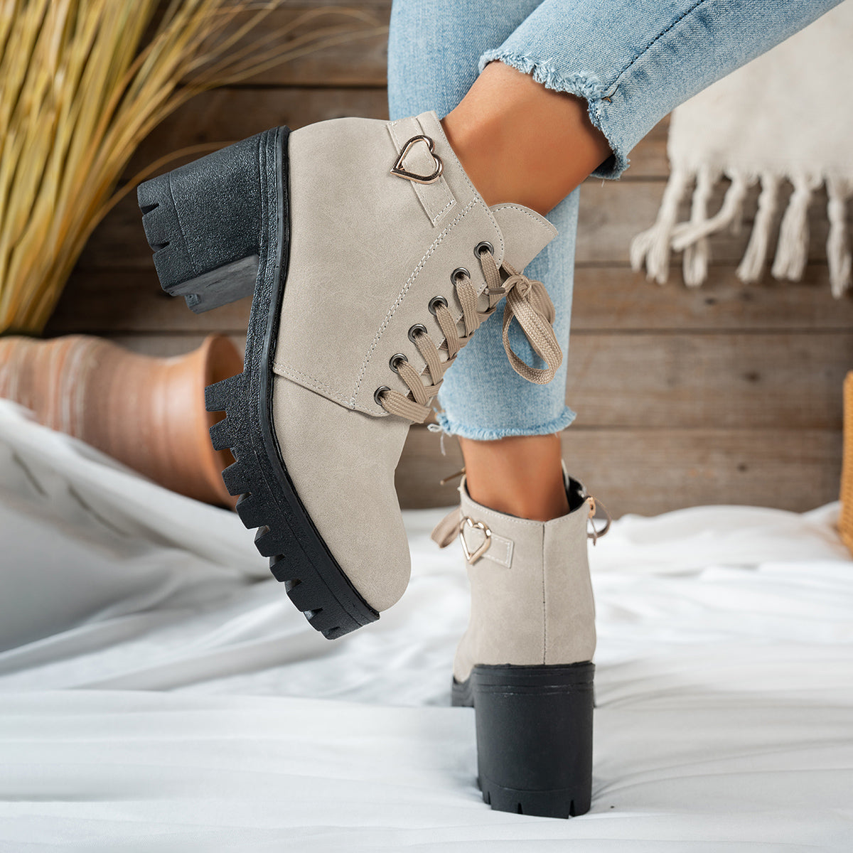 Women's Lace-Up Ankle Boots with Block Heel