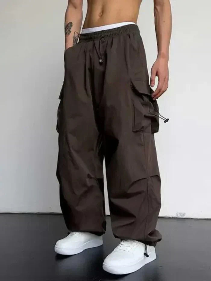 Men's Wide Leg Cargo Trousers - Dark Brown