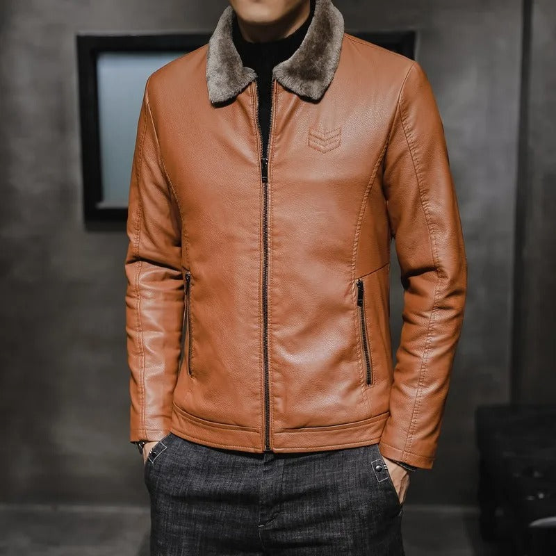 Men's Faux-Fur Collar Windproof Zip Jacket - Brown