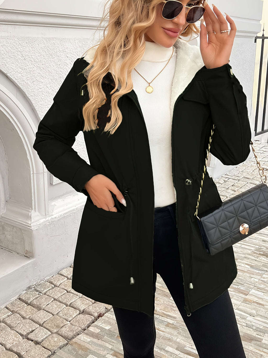Women's Black Hooded Drawstring-Waist Zip Jacket