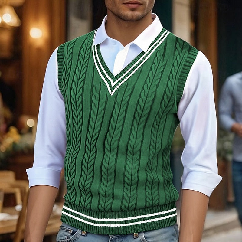 Men's Striped Cable-Knit V-Neck Vest - Yellow