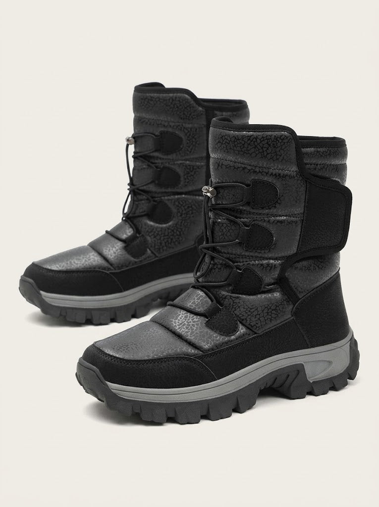 Men's Plush-Lined High-Top Snow Boots with Deep Tread Sole - Black