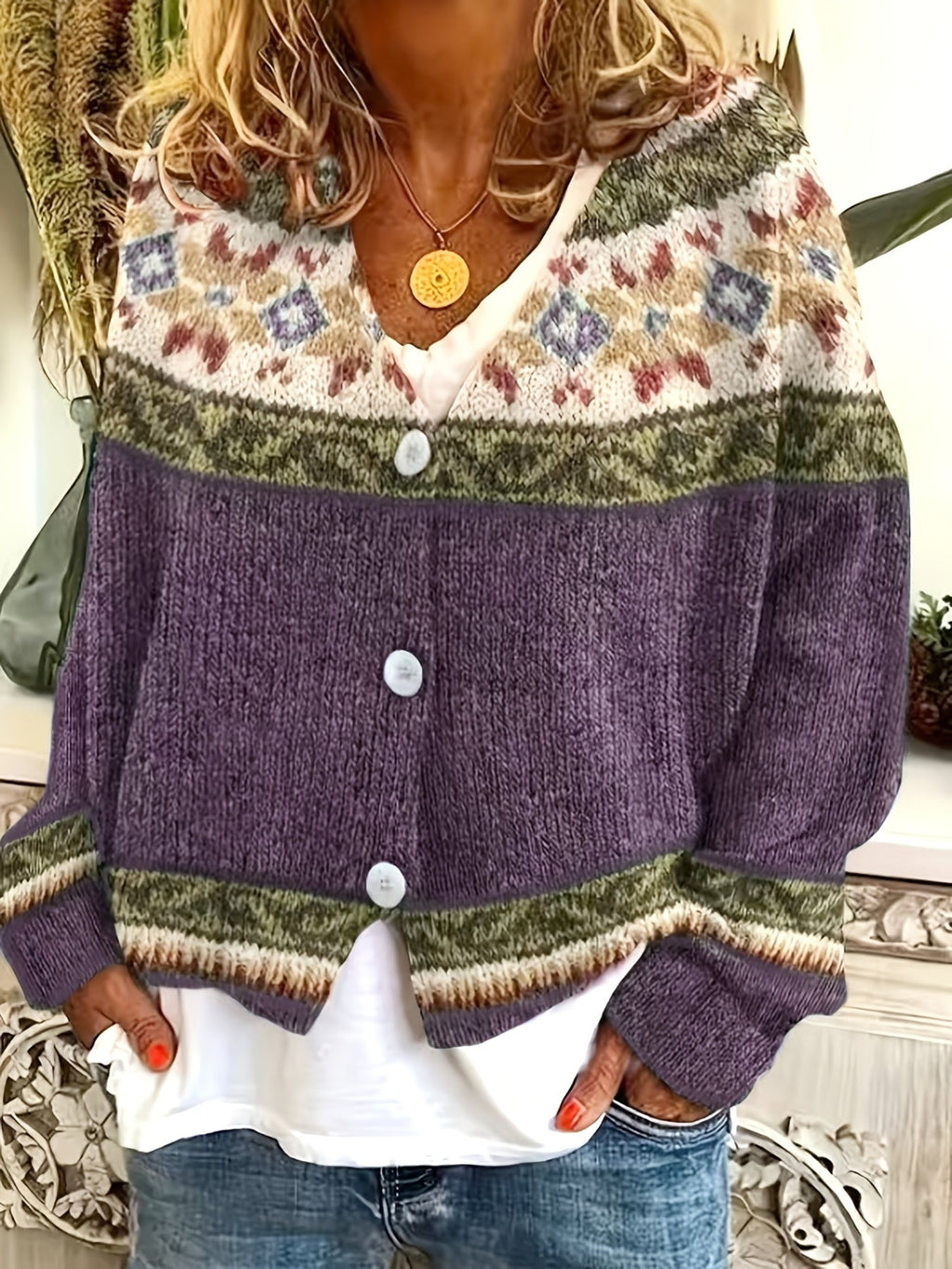 Women's Geometric Yoke Button-Front Cardigan