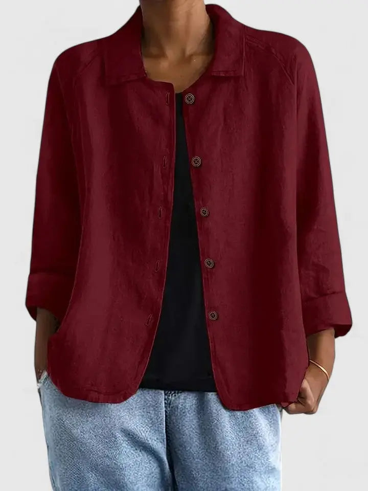 Women's Button-Down Cotton Shirt Jacket - Red