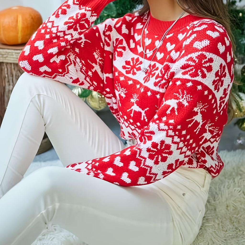 Women's Festive Snowflake and Deer Fair Isle Sweater - Red+white