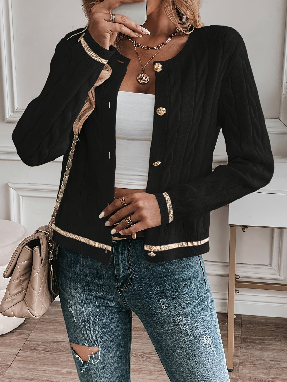 Women's Cable-Knit Cardigan with Gold-Tone Buttons