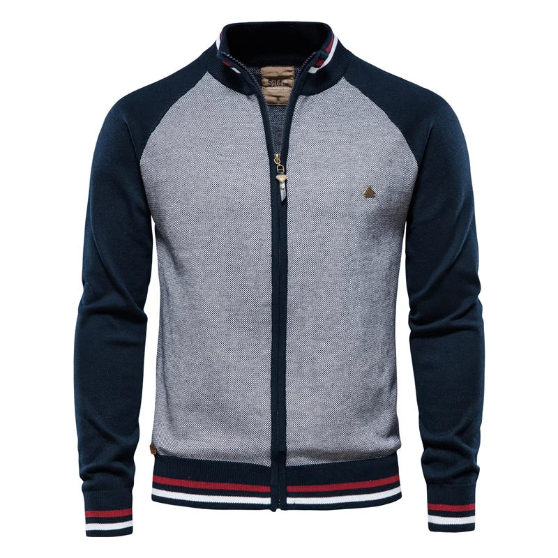 Men's Cotton Stand Collar Zip-Up Knit Cardigan - Navy Blue