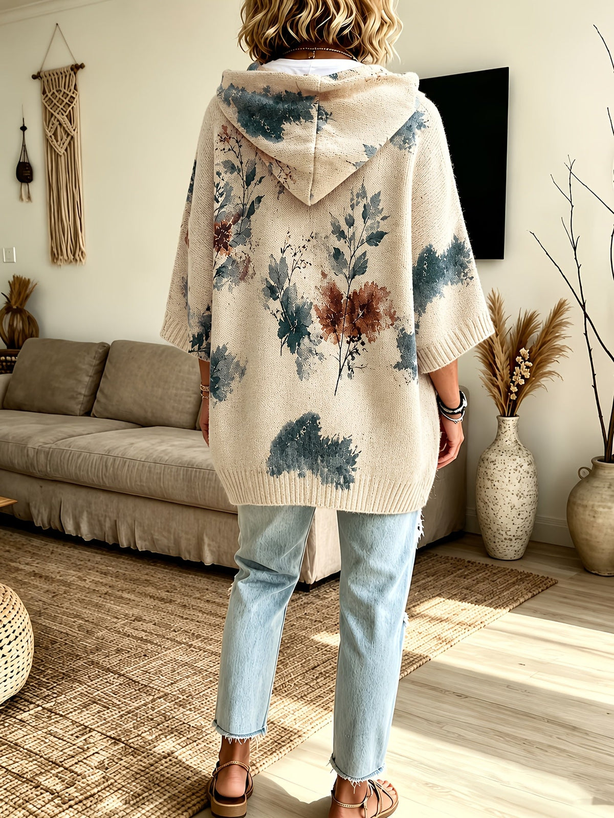 Women's Hooded Floral Cape Sweater with Drawstring