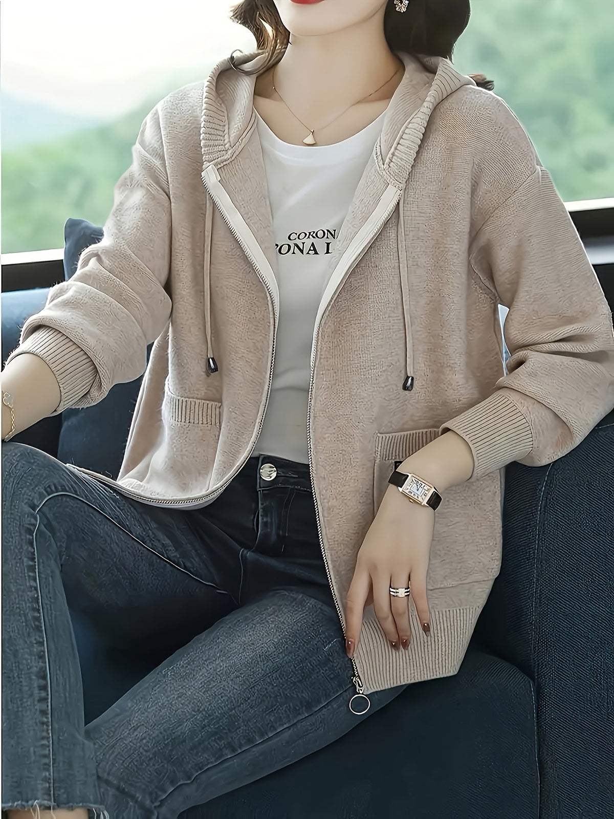 Women's Zip-Up Hooded Cardigan with Pockets