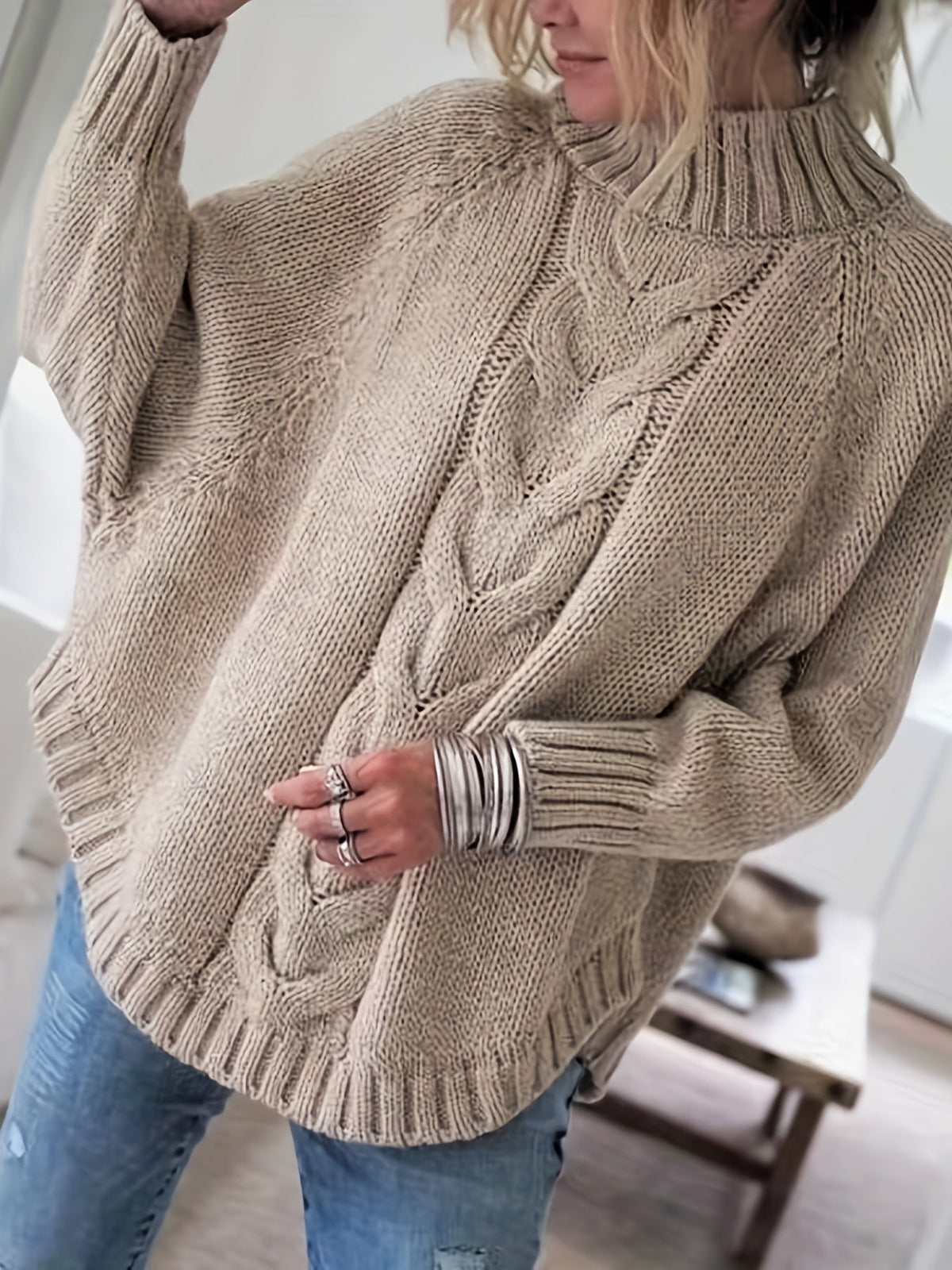 Women's Cable-Knit High Neck Relaxed Sweater