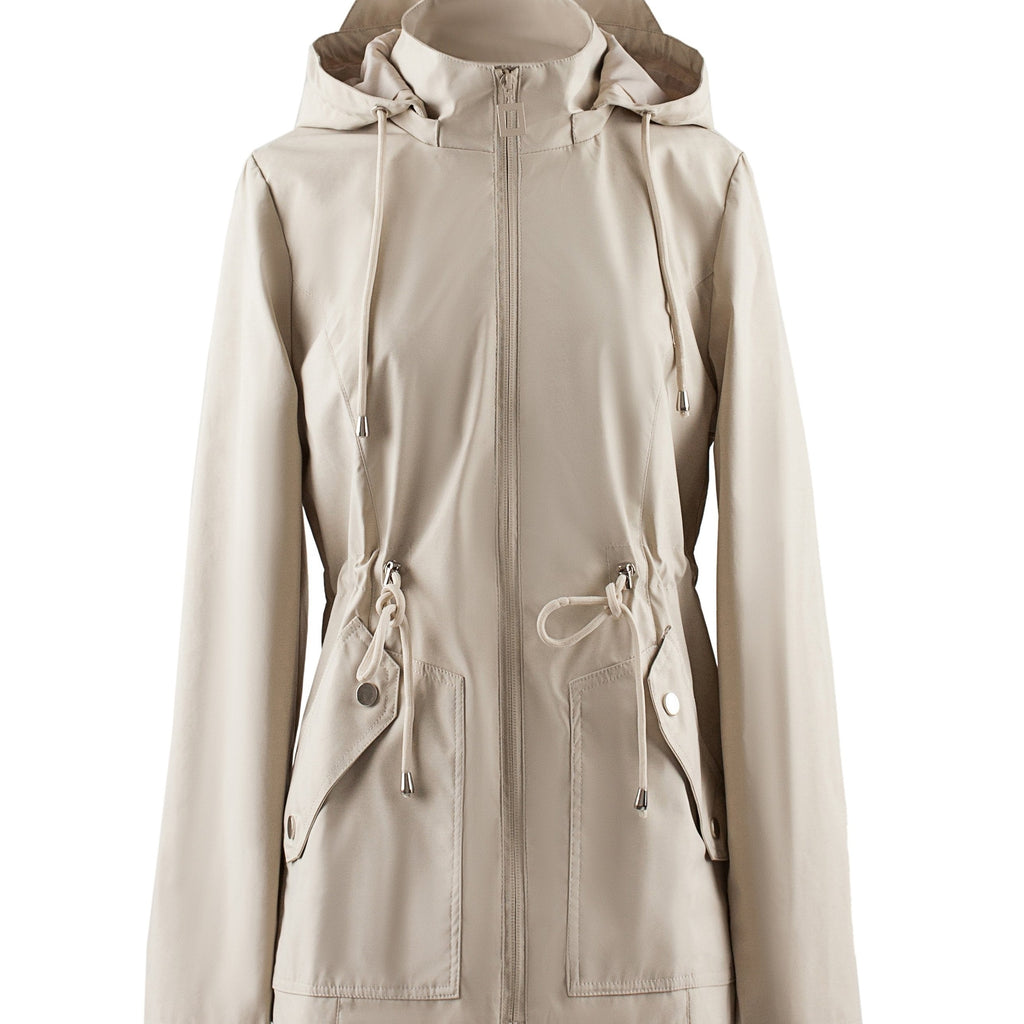 Women's Lightweight Hooded Jacket with Drawstring Waist - Khaki