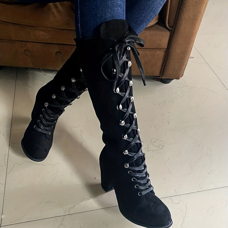Women's Lace-Up Front Chunky Heel Tall Boots