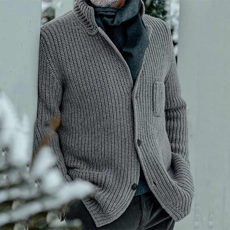 Men's Ribbed Stand-Collar Button Cardigan with Pockets - Gray