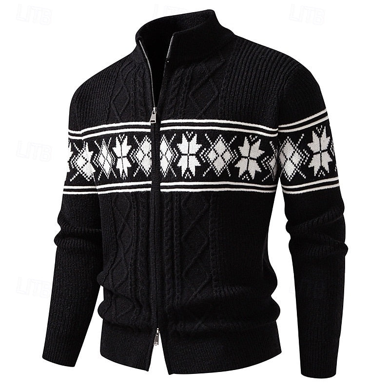 Women's Fair Isle Stand Collar Zip-Up Cardigan - Black