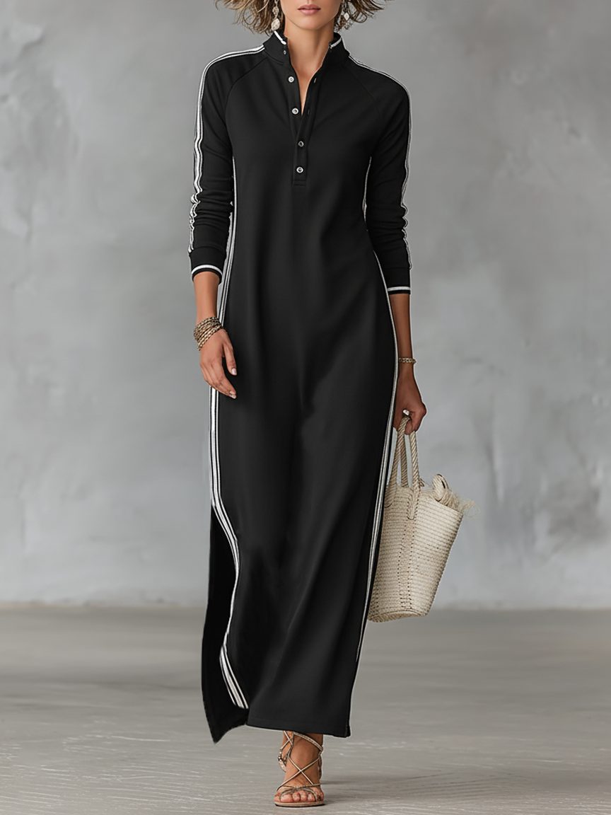 Women's Collared Button Front Sweater Maxi Dress - Black