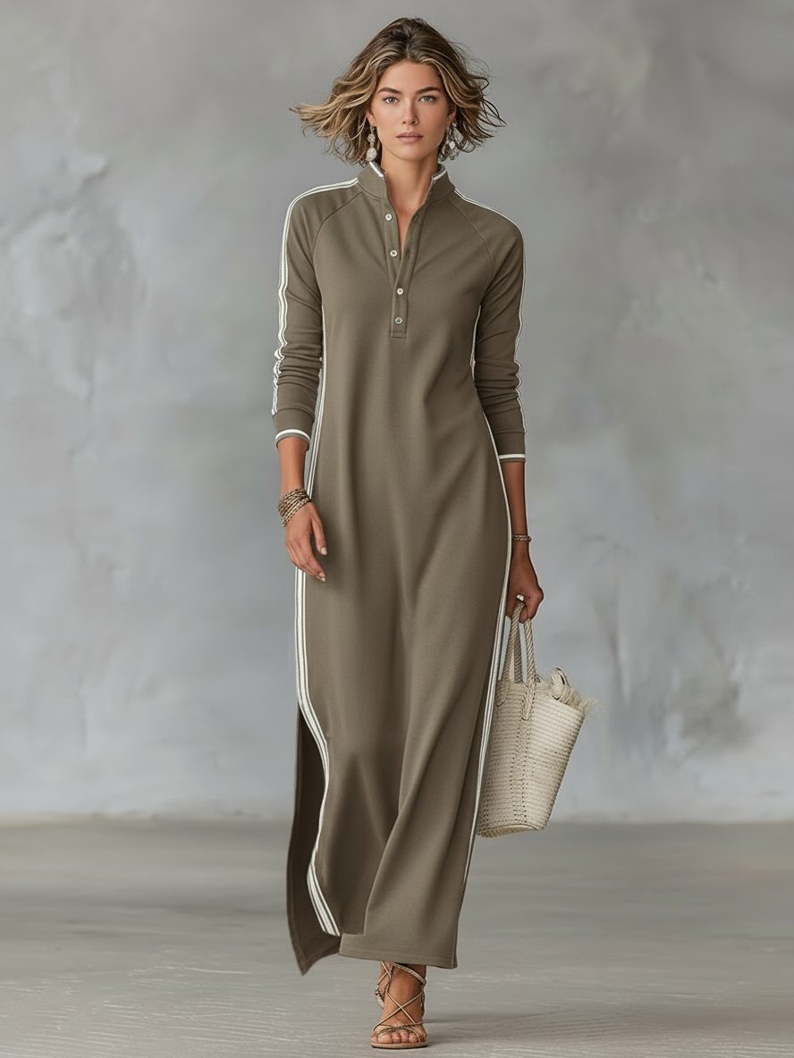 Women's Collared Button Front Sweater Maxi Dress - Khaki