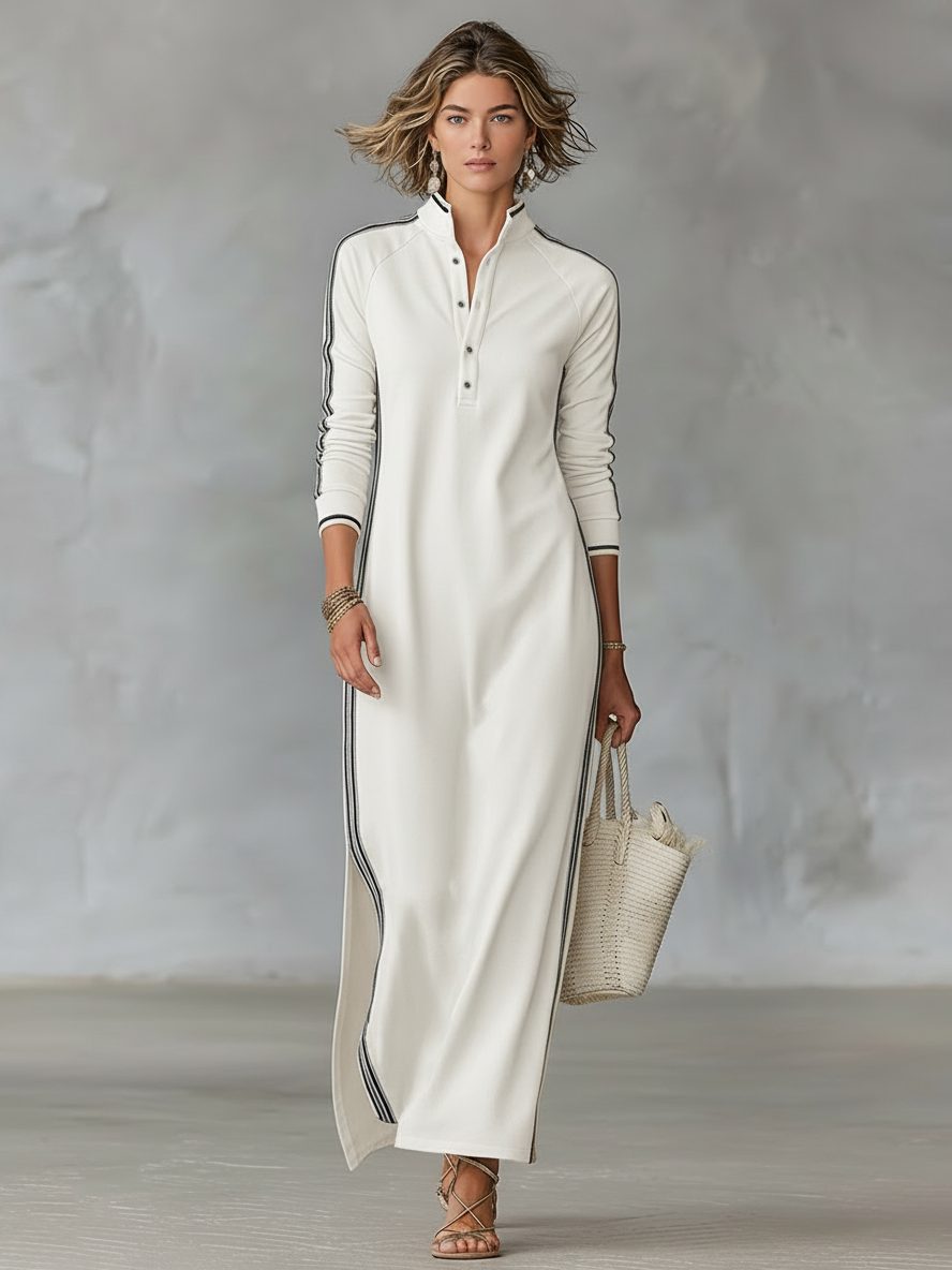 Women's Collared Button Front Sweater Maxi Dress - White