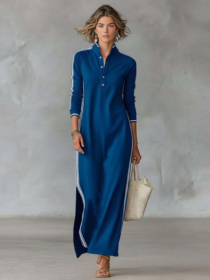 Women's Collared Button Front Sweater Maxi Dress - Royal Blue