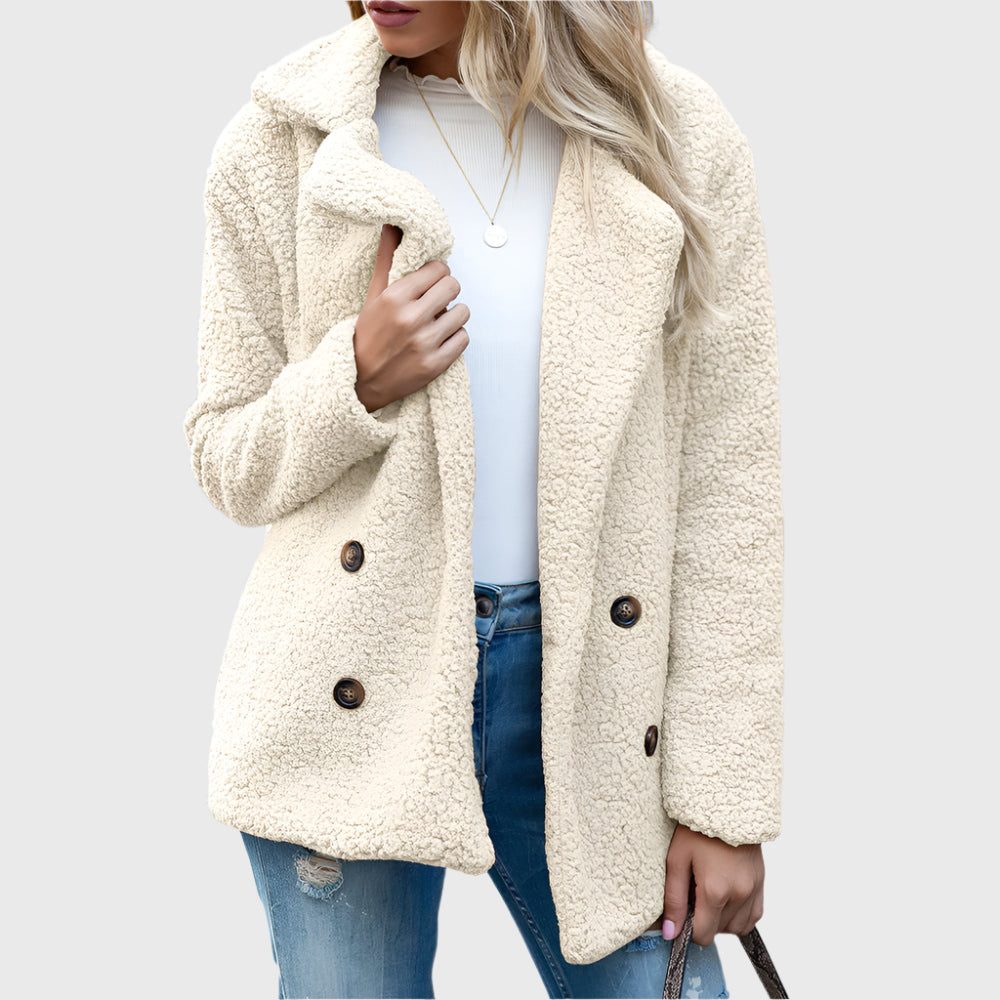 Women's Double-Breasted Sherpa Jacket with Notch Collar