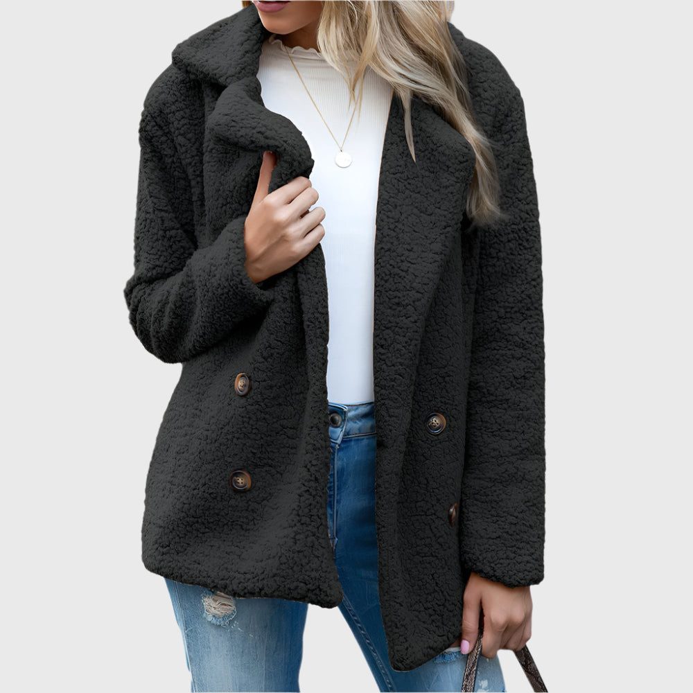 Women's Double-Breasted Sherpa Jacket with Notch Collar - Black