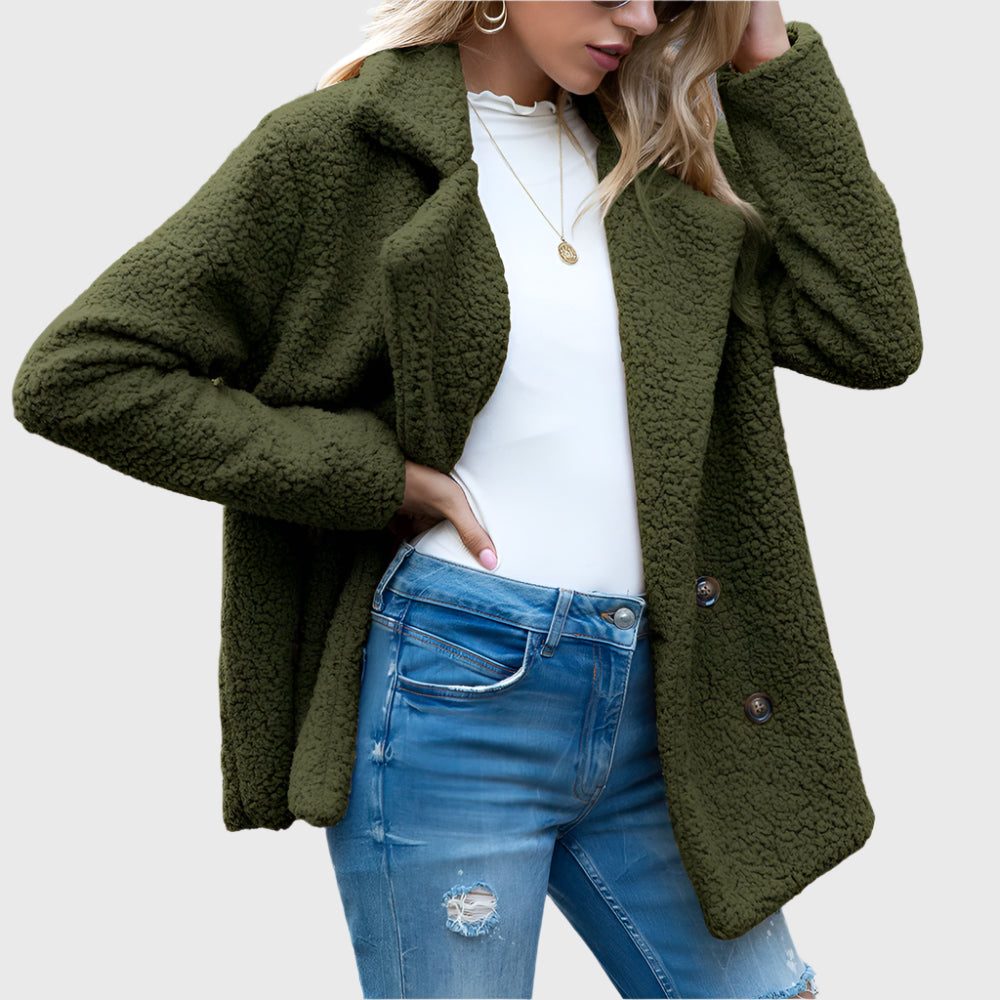 Women's Double-Breasted Sherpa Jacket with Notch Collar - Green