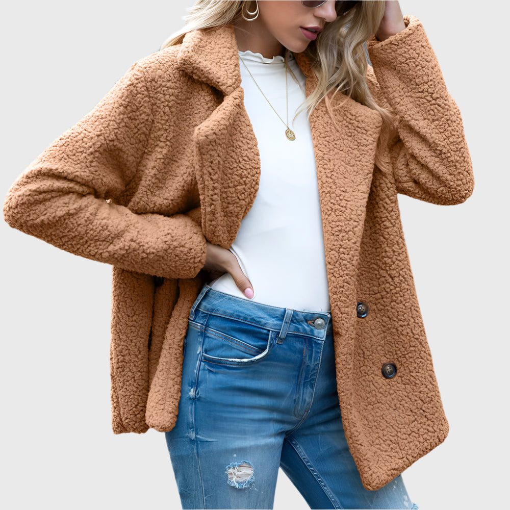 Women's Double-Breasted Sherpa Jacket with Notch Collar - Khaki