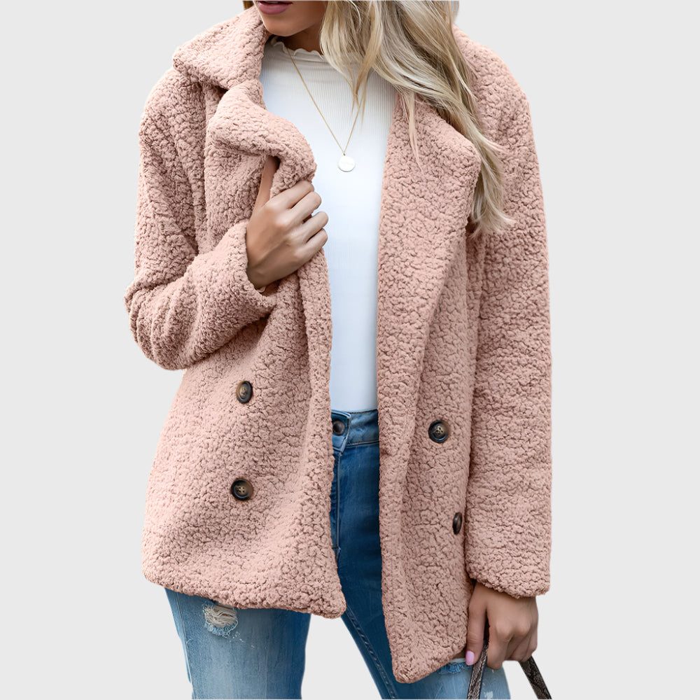 Women's Double-Breasted Sherpa Jacket with Notch Collar - Pink