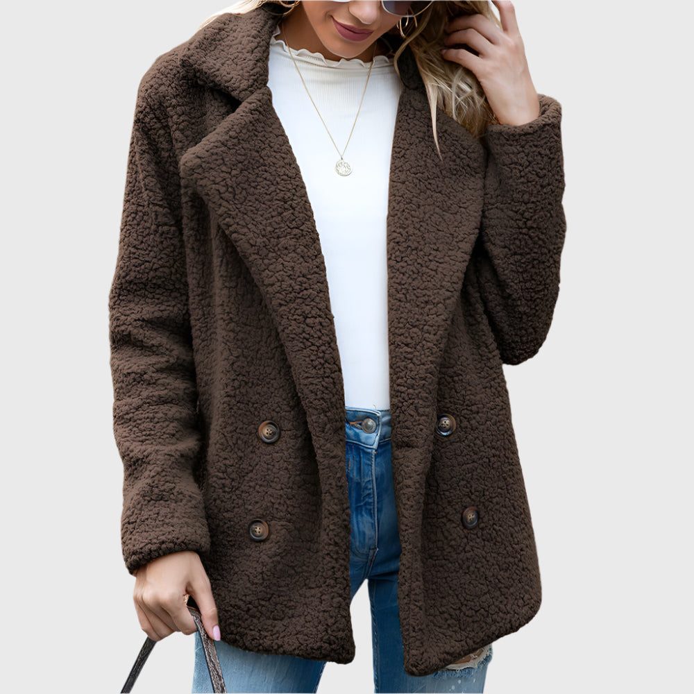Women's Double-Breasted Sherpa Jacket with Notch Collar - Brown