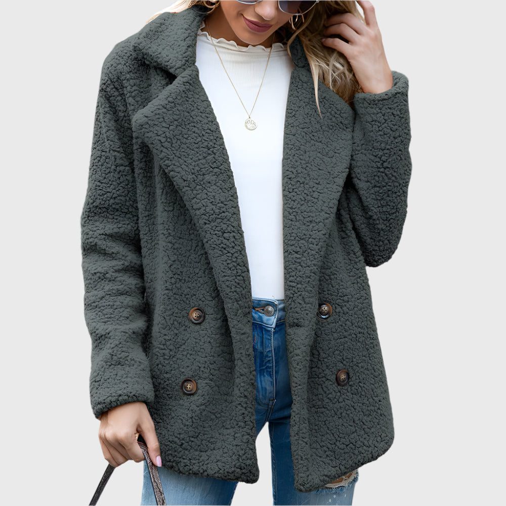 Women's Double-Breasted Sherpa Jacket with Notch Collar - Gray
